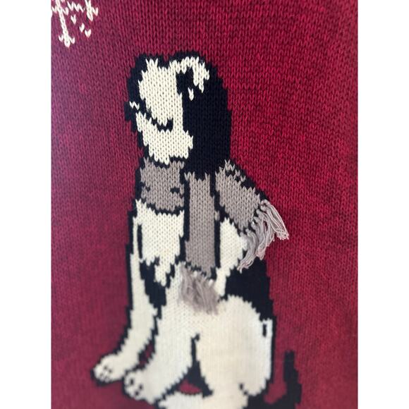 Vintage Y2K Big Dog Burgundy Red Dog Scarf Snowflake Winter Print Sweater - Picture 2 of 5